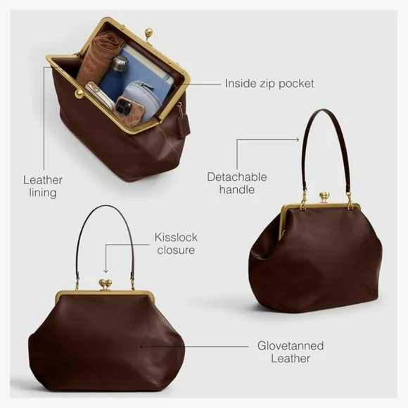 COACH Large Oversized Kisslock Frame Shoulder Bag Clutch Bag Brown - Picture 4 of 11